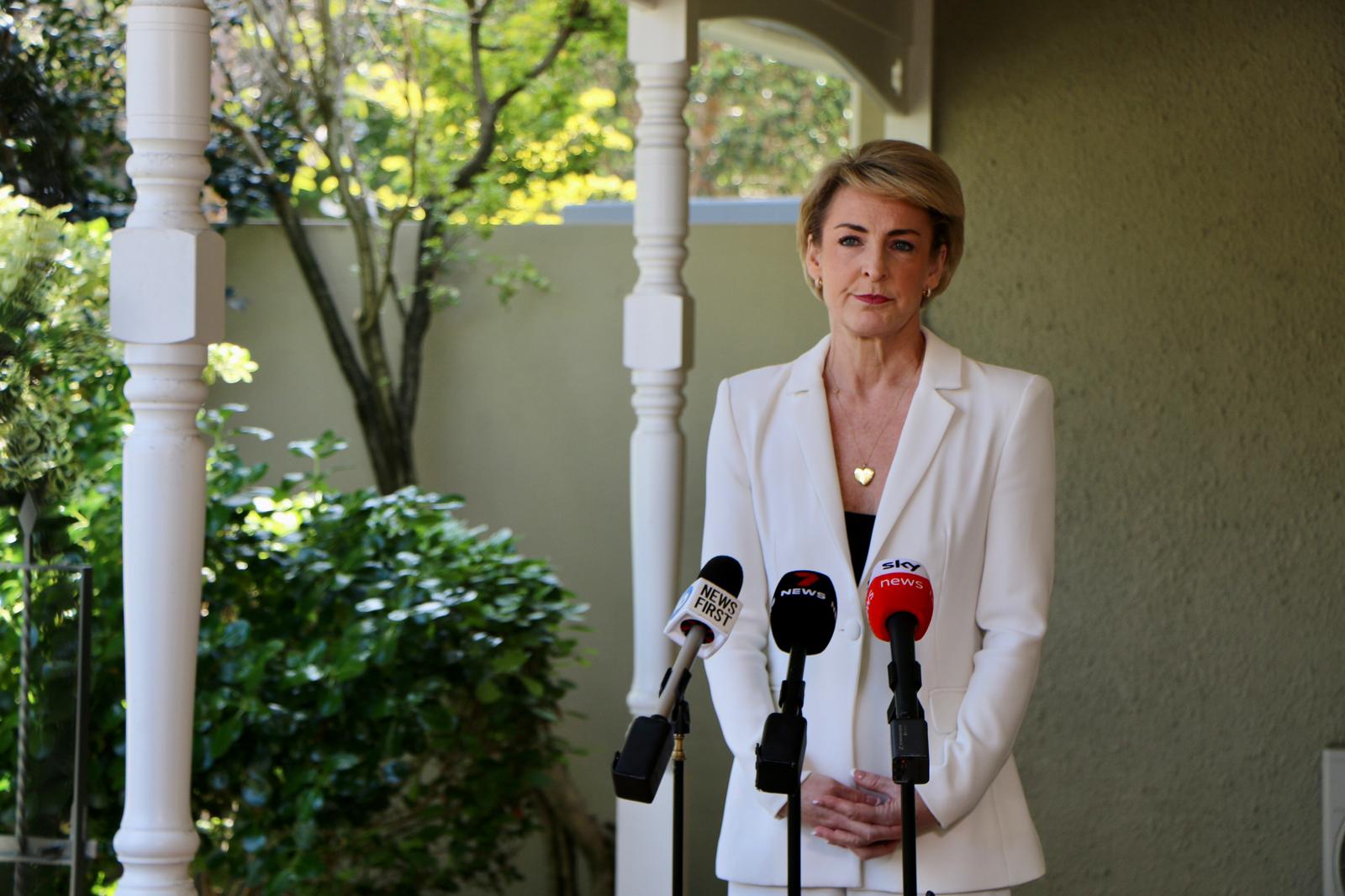 Michaelia Cash speaking at an outdoor press conference in front of news microphones.